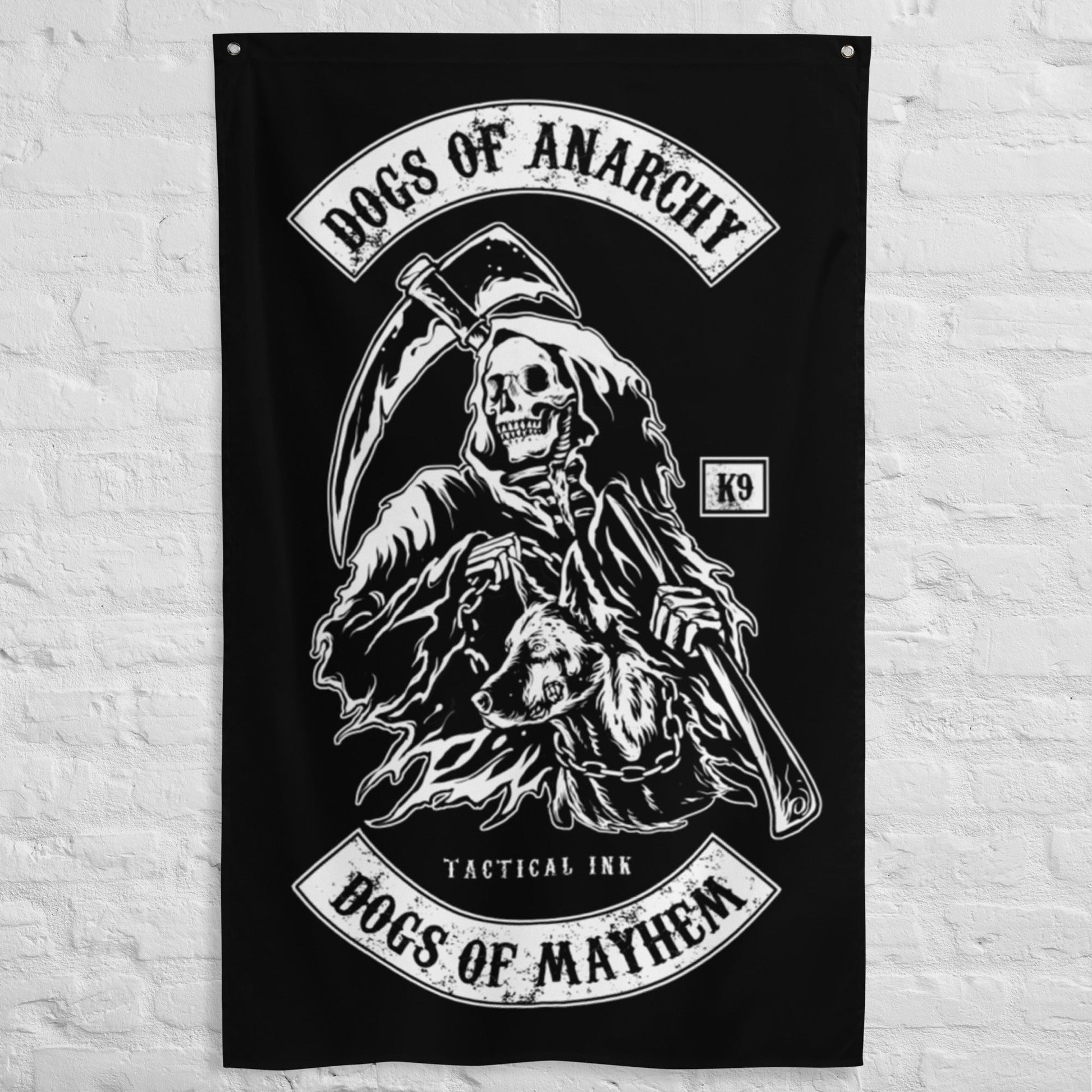 "Dogs of Anarchy" Grim Reaper K-9 Lover Tapestry Wall Flag (Black and White) - Tactical Ink USA